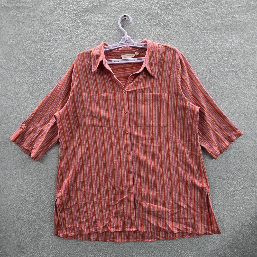 Soft Surroundings Women Button Up Shirt L Pink Striped Casual Shirt